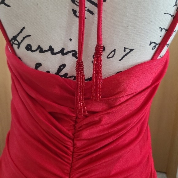 Rachel Allan 70289W red ruched beaded tie v-neck slit prom formal pageant dress - Picture 5 of 5